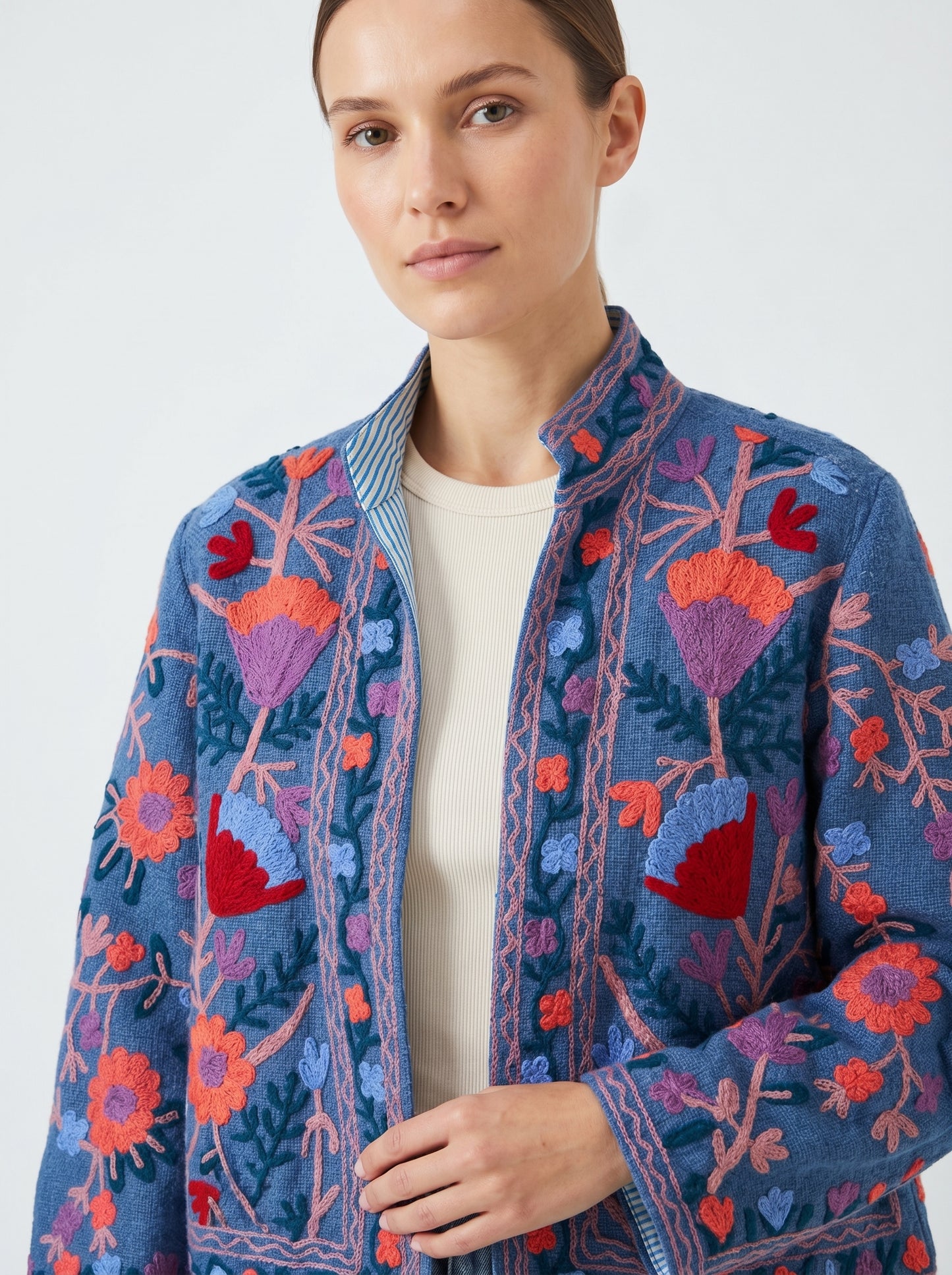 Women's Light Blue Suzani Reversible Jacket – Artistic Embroidered Statement Jacket