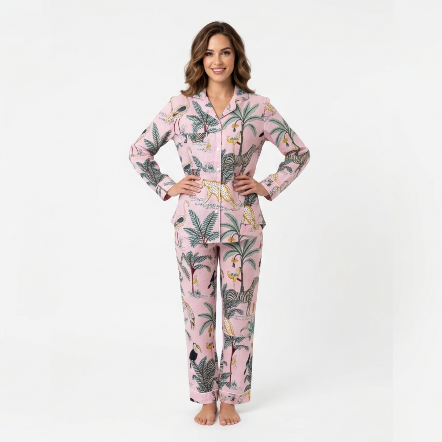 Women's Blush Pink Safari Print Cotton Night Suit Set – Elegant Two Piece Pajama Set