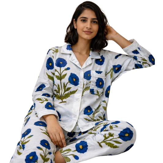 Women’s Blue Bloom Delight-2 Cotton Night Suit Set - Elegant Two Piece Pajama Set