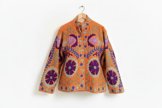 Women’s Saffron Petal Orange Suzani Reversible Cotton Jacket – Artistic Embroidered Statement Jacket