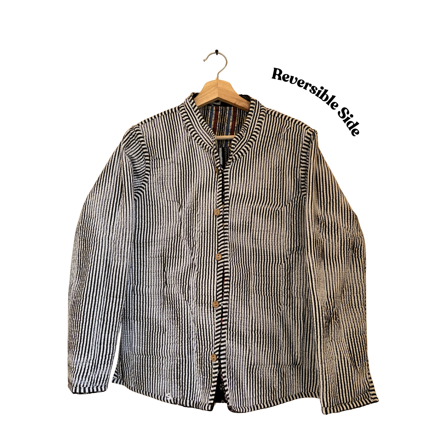 Midnight Mosaic – Long Black Patchwork Cotton Quilted Reversible Jacket
