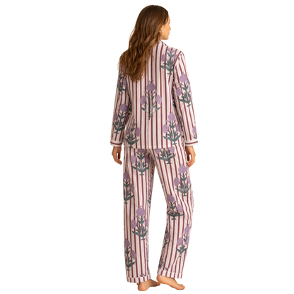Women's Berry Bloom Stripes Cotton Night Suit Set – Elegant Two Piece Pajama Set
