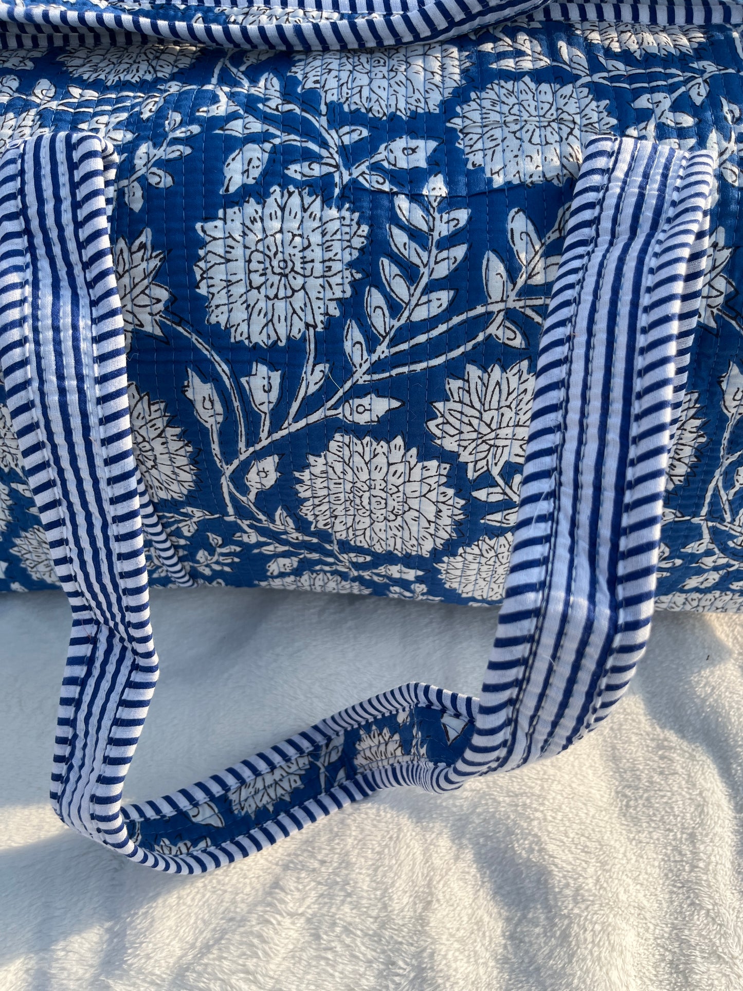Blue Floral-2 Print Quilted Cotton Duffle Bag – Lightweight Travel Weekender