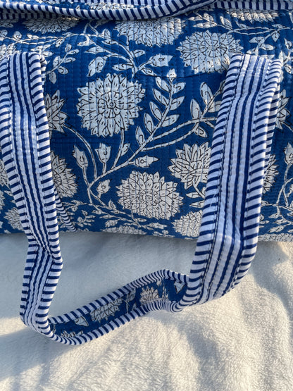 Blue Floral-2 Print Quilted Cotton Duffle Bag – Lightweight Travel Weekender