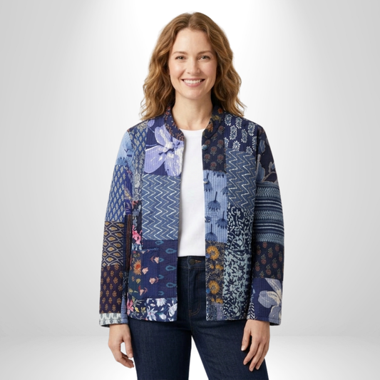 Midnight Indigo – Long Blue Patchwork Cotton Quilted Reversible Jacket