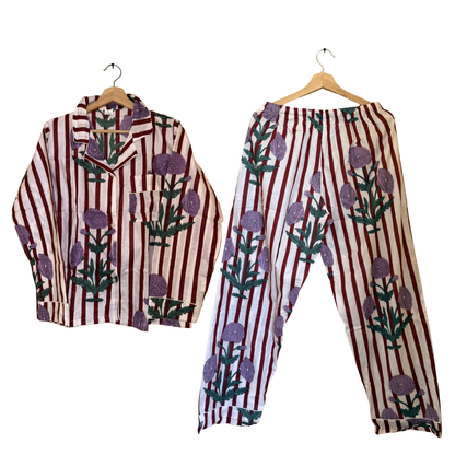 Women's Berry Bloom Stripes Cotton Night Suit Set – Elegant Two Piece Pajama Set