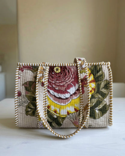 Beige floral printed Quilted Mini Tote Bag 10X12