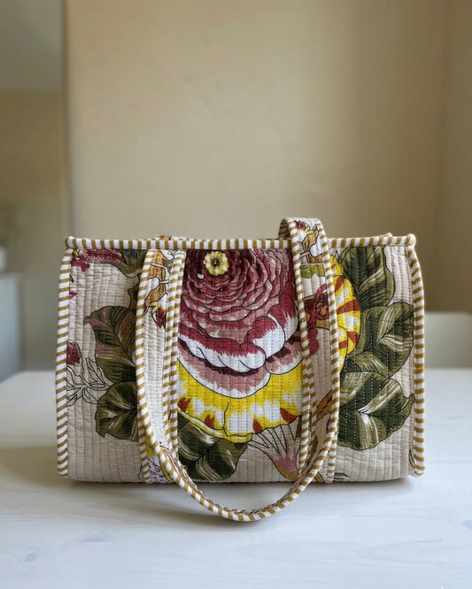 Beige floral printed Quilted Mini Tote Bag 10X12