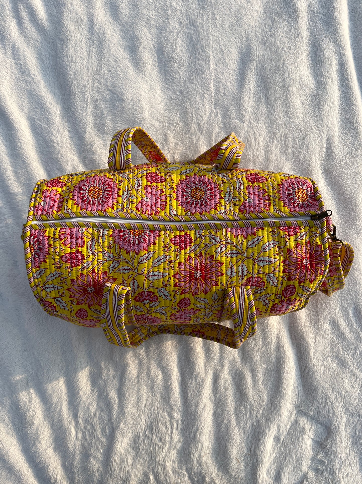 Yellow Floral Print Quilted Cotton Duffle Bag – Lightweight Travel Weekender