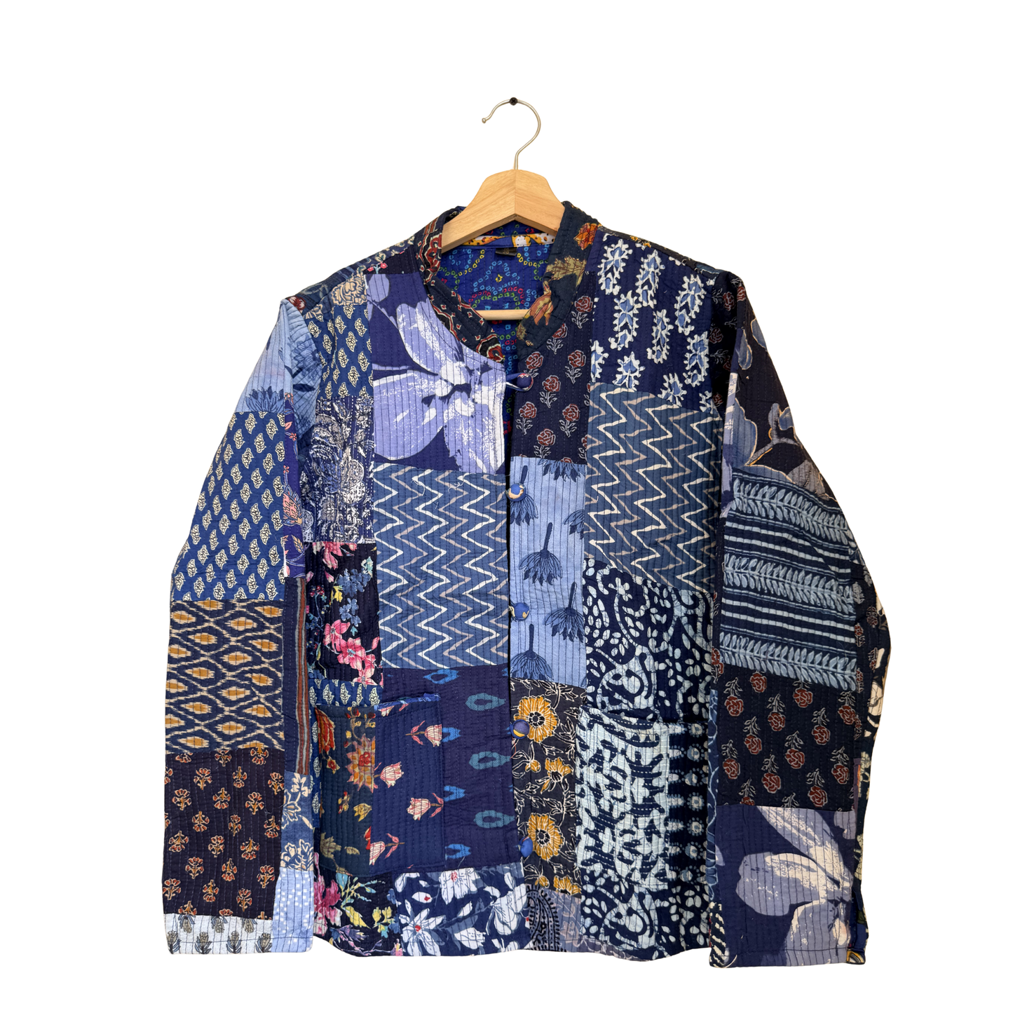 Midnight Indigo – Long Blue Patchwork Cotton Quilted Reversible Jacket