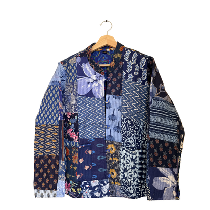 Midnight Indigo – Long Blue Patchwork Cotton Quilted Reversible Jacket