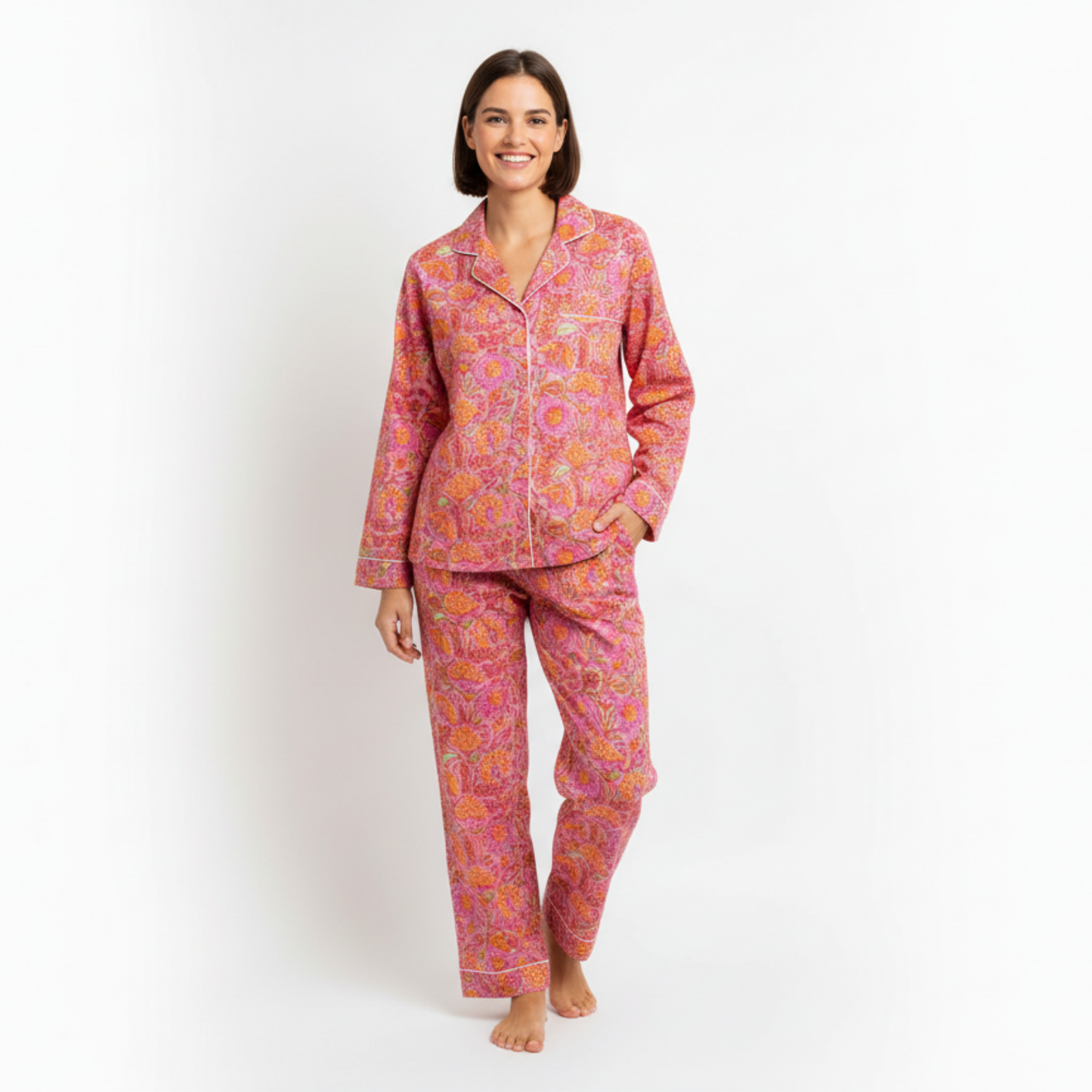 Women’s Pink Garden Dreams Print Cotton Night Suit Set – Elegant Two Piece Pajama Set