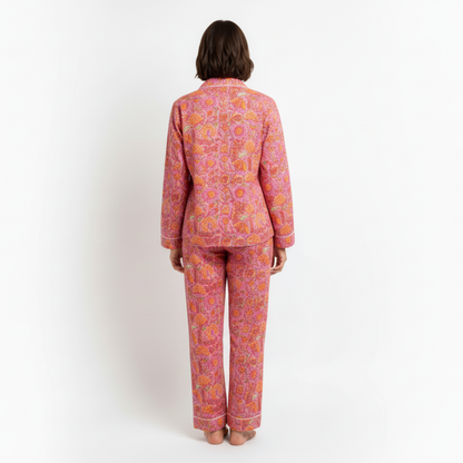 Women’s Pink Garden Dreams Print Cotton Night Suit Set – Elegant Two Piece Pajama Set