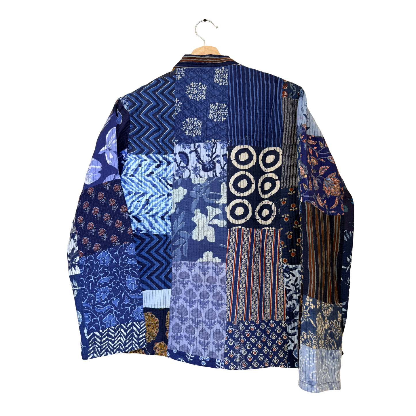 Midnight Indigo – Long Blue Patchwork Cotton Quilted Reversible Jacket