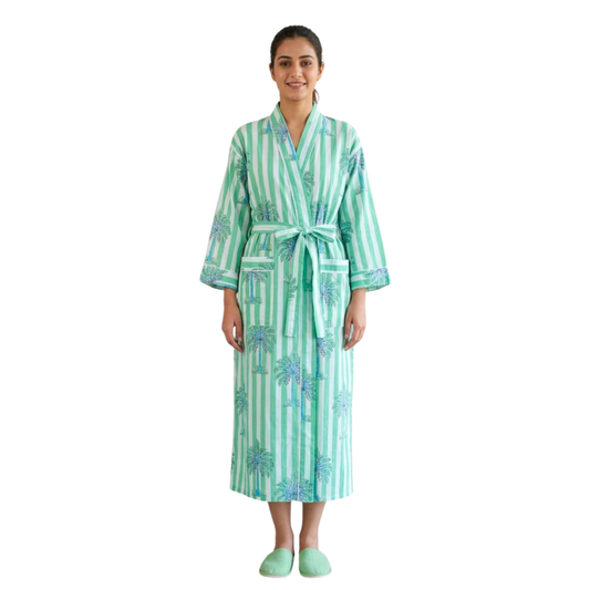 Midnight Mint Green Palms – Women’s Green & White Cotton Kimono