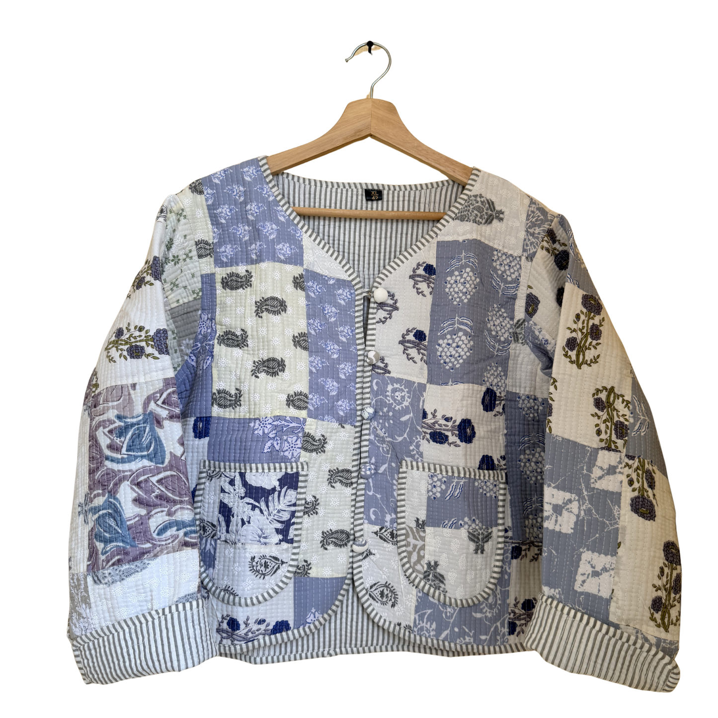 White Blue Mist – Patchwork Cotton Quilted Reversible Jacket