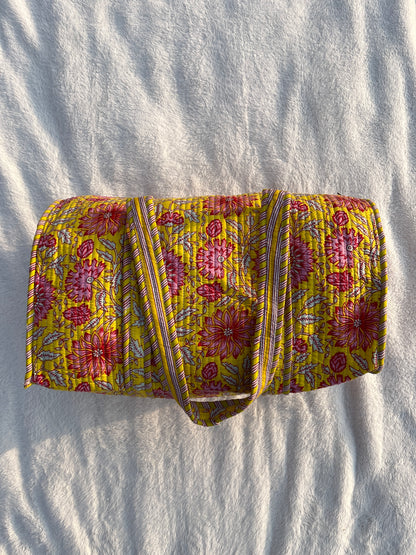 Yellow Floral Print Quilted Cotton Duffle Bag – Lightweight Travel Weekender