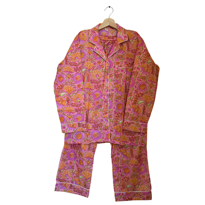 Women’s Pink Garden Dreams Print Cotton Night Suit Set – Elegant Two Piece Pajama Set
