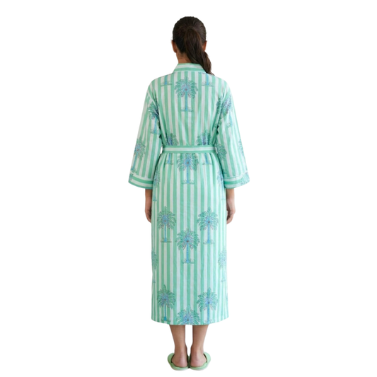 Midnight Mint Green Palms – Women’s Green & White Cotton Kimono