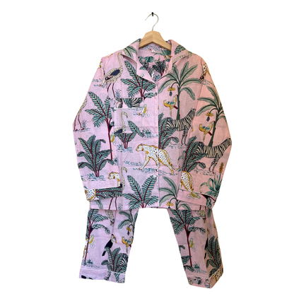 Women's Blush Pink Safari Print Cotton Night Suit Set – Elegant Two Piece Pajama Set