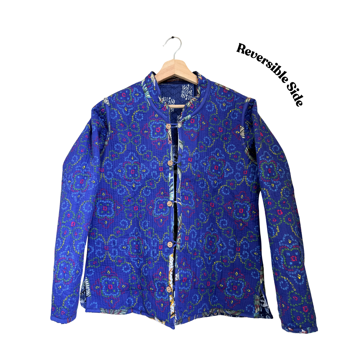 Midnight Indigo – Long Blue Patchwork Cotton Quilted Reversible Jacket