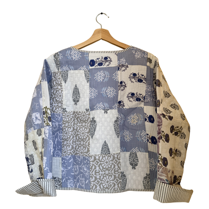 White Blue Mist – Patchwork Cotton Quilted Reversible Jacket