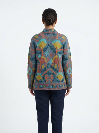 Women's Grey Suzani Reversible Jacket – Artistic Embroidered Statement Jacket