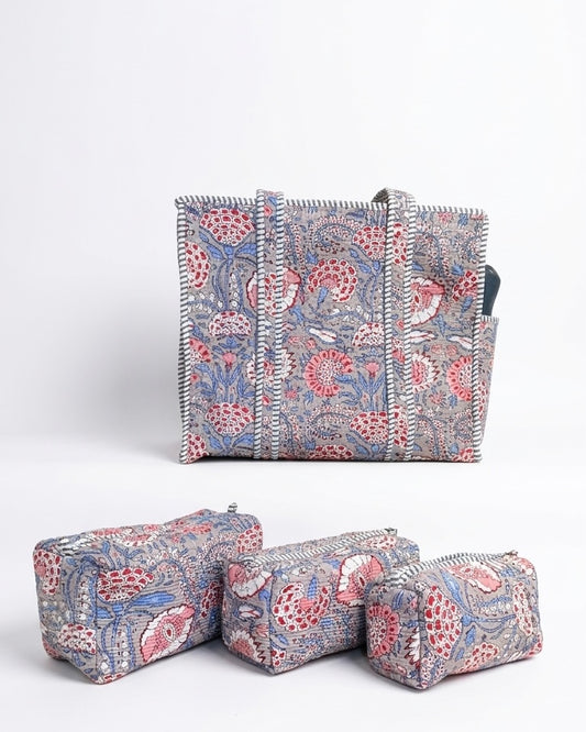 Grey Floral – Tote & 3 Pouch Set