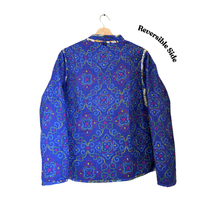 Midnight Indigo – Long Blue Patchwork Cotton Quilted Reversible Jacket