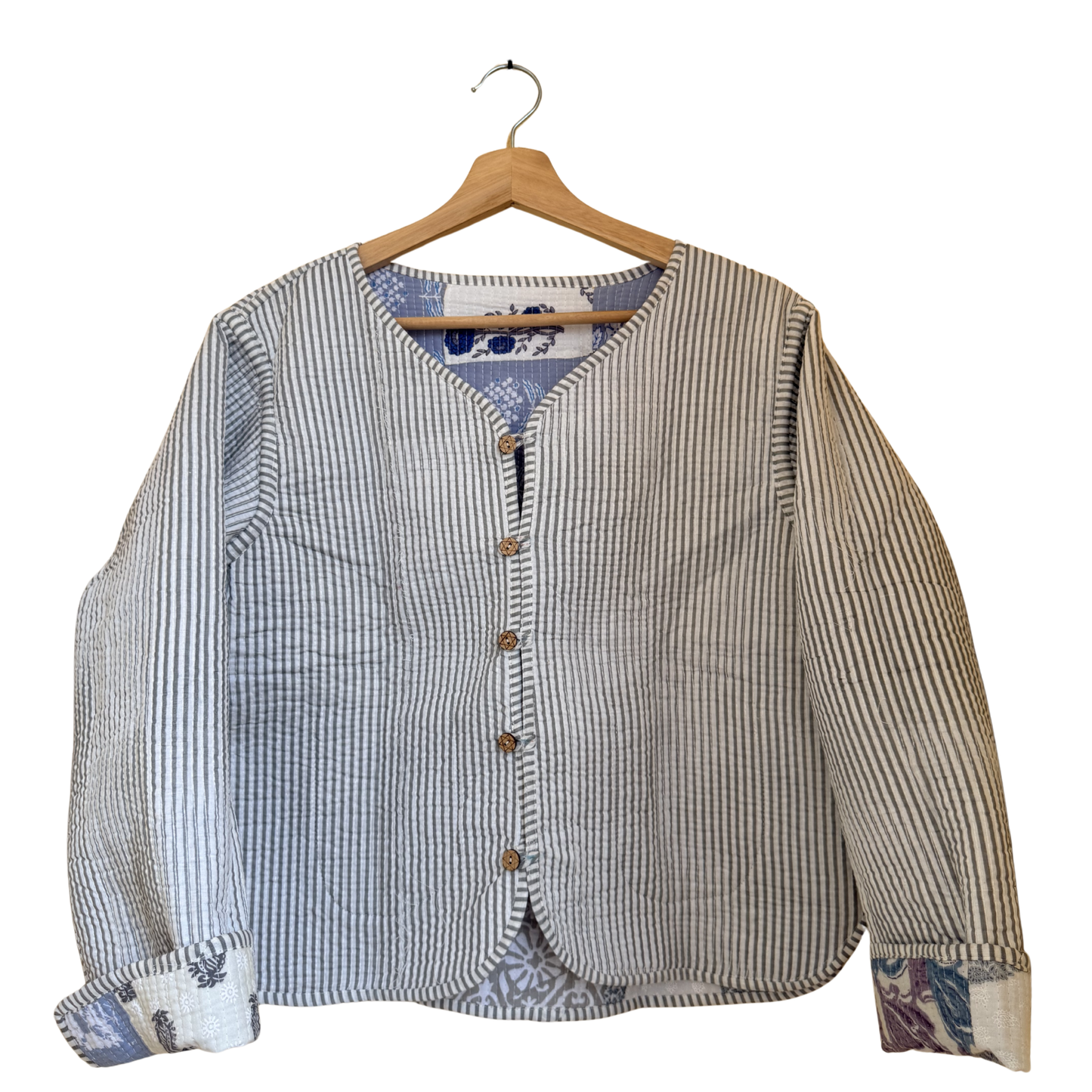 White Blue Mist – Patchwork Cotton Quilted Reversible Jacket