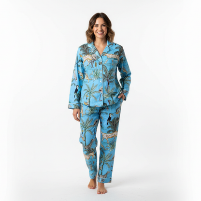 Women's Sky Blue Safari Print Cotton Night Suit Set – Elegant Two Piece Pajama Set