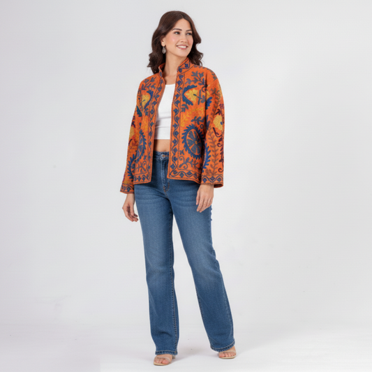 Women’s Desert Sunset Orange Suzani Reversible Cotton Jacket – Artistic Embroidered Statement Jacket