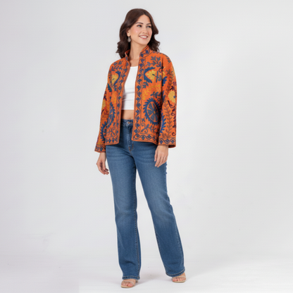 Women’s Desert Sunset Orange Suzani Reversible Cotton Jacket – Artistic Embroidered Statement Jacket