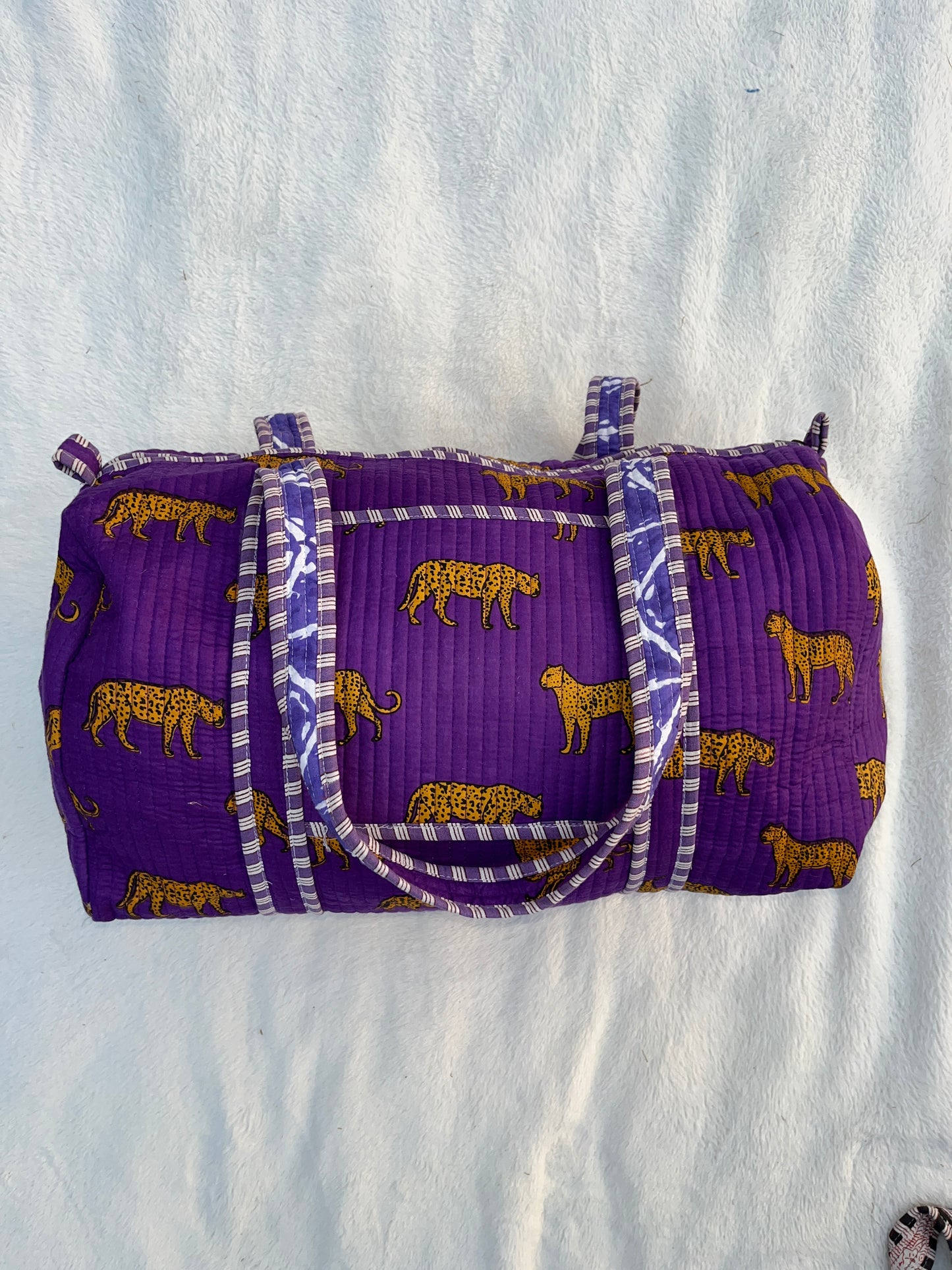 Purple Tiger Print Quilted Cotton Duffle Bag – Lightweight Travel Weekender