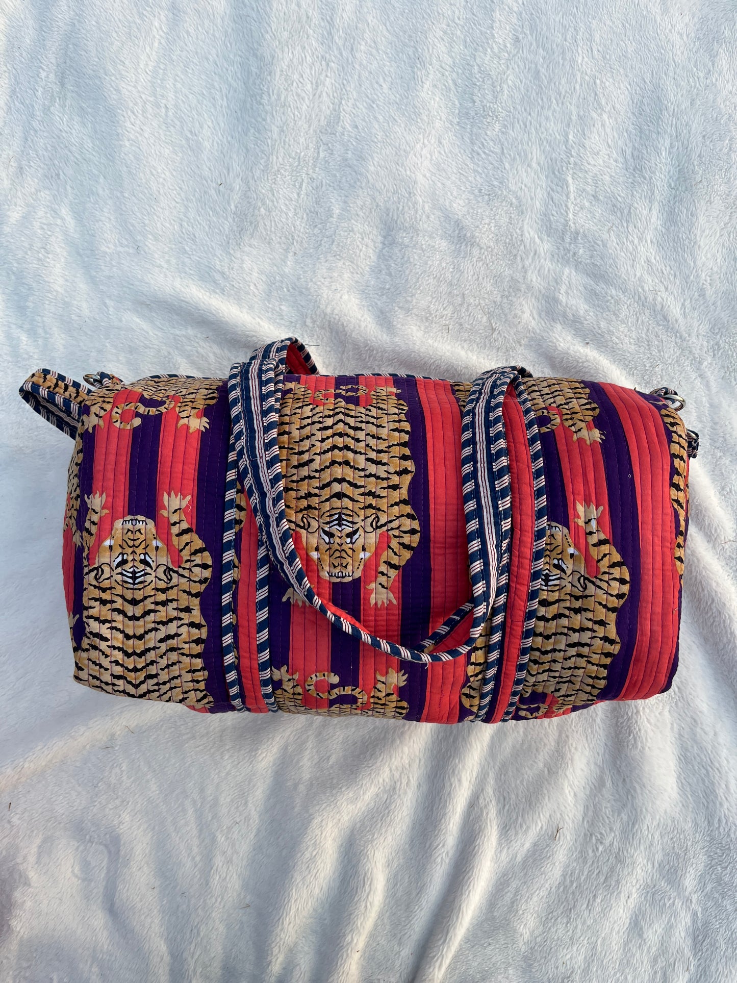 Pink purple Tiger Print Quilted Cotton Duffle Bag – Lightweight Travel Weekender