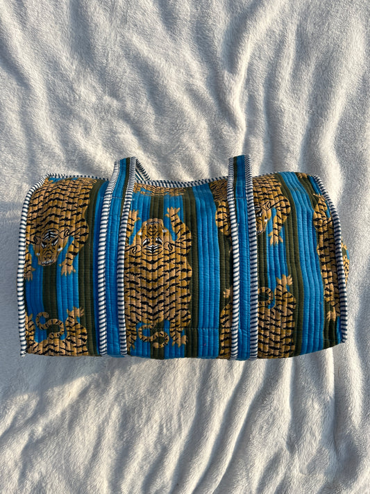 Blue Tiger Print Quilted Cotton Duffle Bag – Lightweight Travel Weekender
