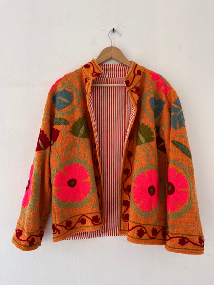 Women's Orange Floral Suzani Reversible Velvet Jacket – Artistic Embroidered Statement Jacket