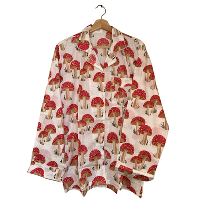Women's Red Mushroom Print Cotton Night Suit Set – Cute Two Piece Pajama Set