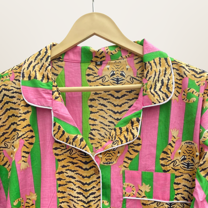 Women's Green Pink Stripes Tibetan Print Cotton Night Suit Set – Cute Two Piece Pajama Set