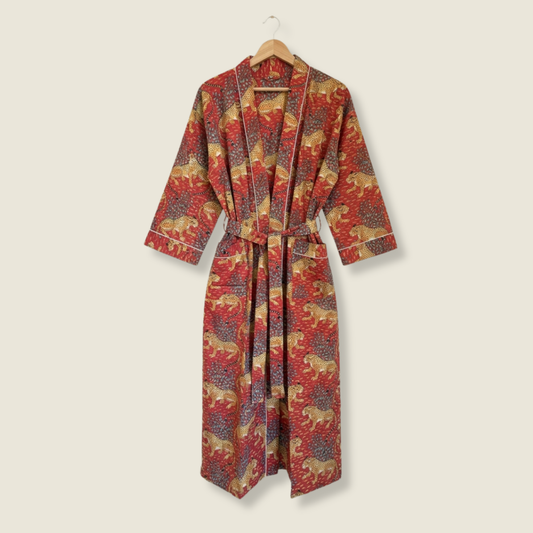 Red cheetah print women's cotton kimono. Crimson red animal print
 lightweight cotton dressing gown and loungewear robe. 