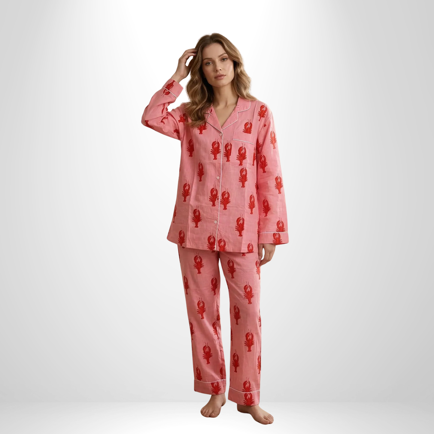 Women's Pink Lobster Love Cotton Night Suit Set – Elegant Two Piece Pajama Set