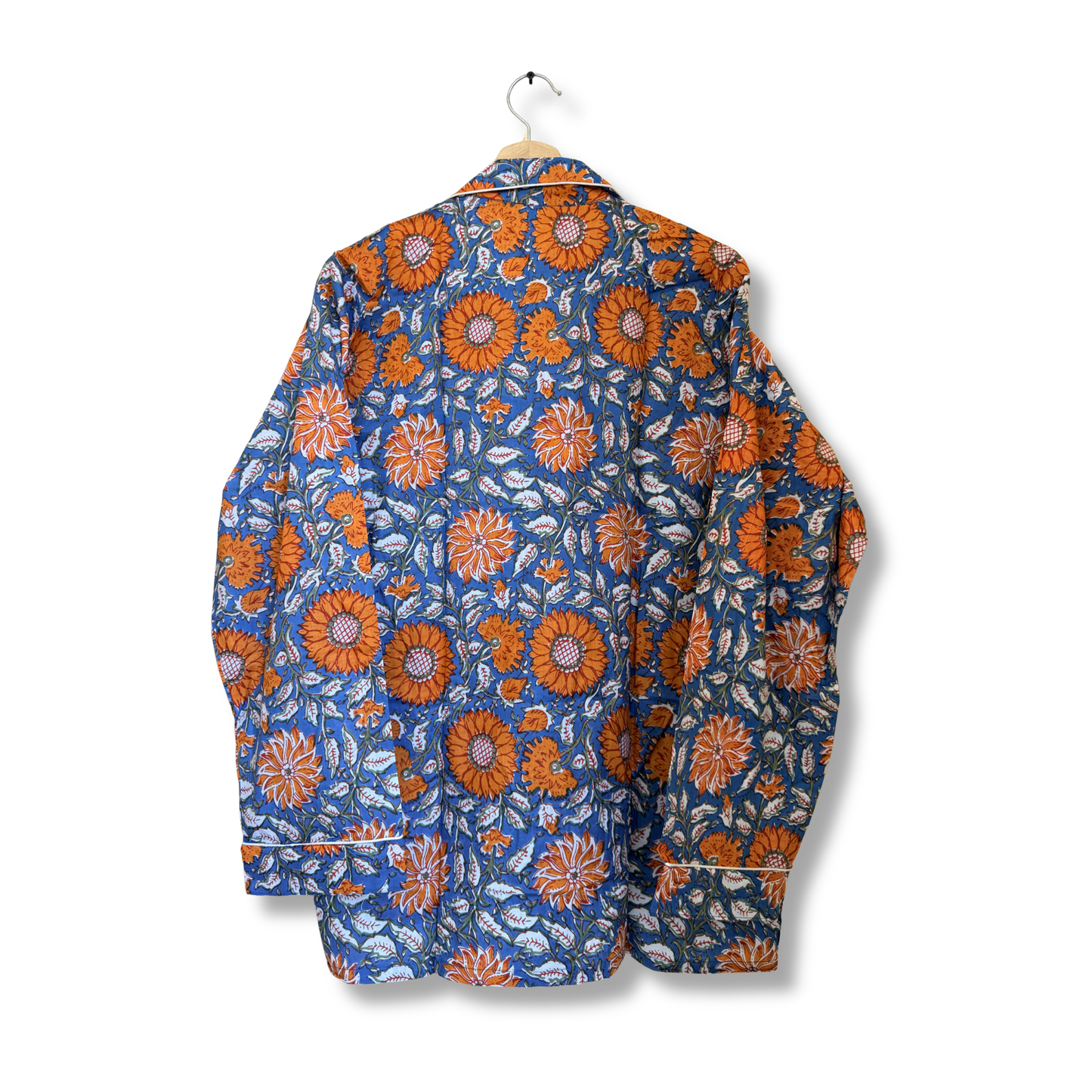 Women's Blue Orange Floral Print Cotton Night Suit Set – Elegant Two Piece Pajama Set