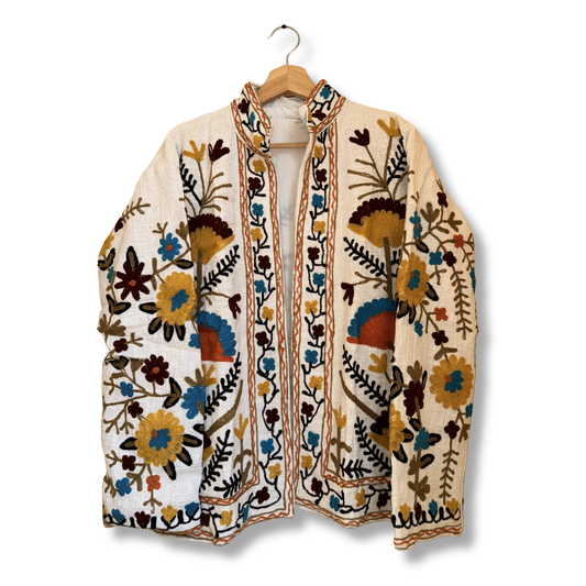Women's White floral Suzani Reversible Jacket – Artistic Embroidered Statement Jacket