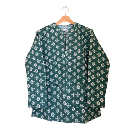 Forest Muse – Long Dark Green Cotton Quilted Reversible Jacket