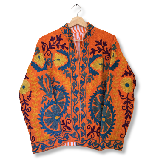 Women’s Desert Sunset Orange Suzani Reversible Cotton Jacket – Artistic Embroidered Statement Jacket