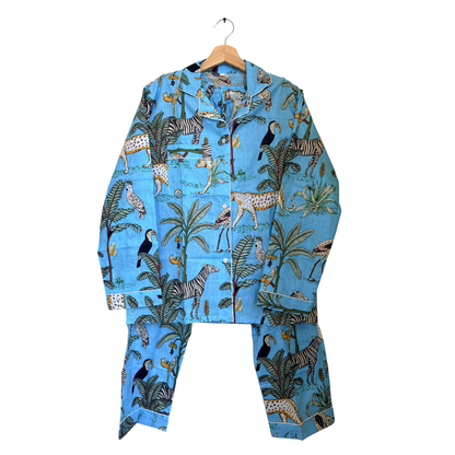 Women's Sky Blue Safari Print Cotton Night Suit Set – Elegant Two Piece Pajama Set