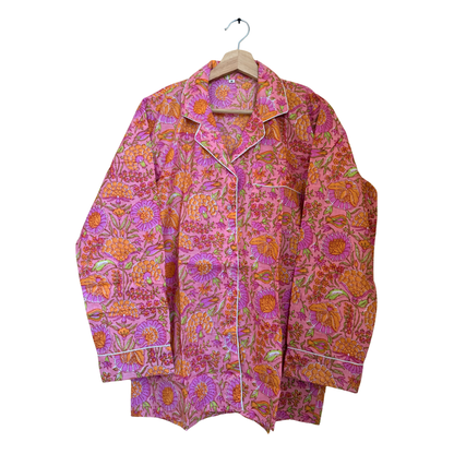 Women’s Pink Garden Dreams Print Cotton Night Suit Set – Elegant Two Piece Pajama Set