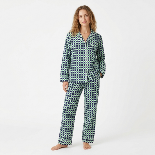 Women’s Blue & Green Square Print Cotton Night Suit Set – Elegant Two Piece Pajama Set