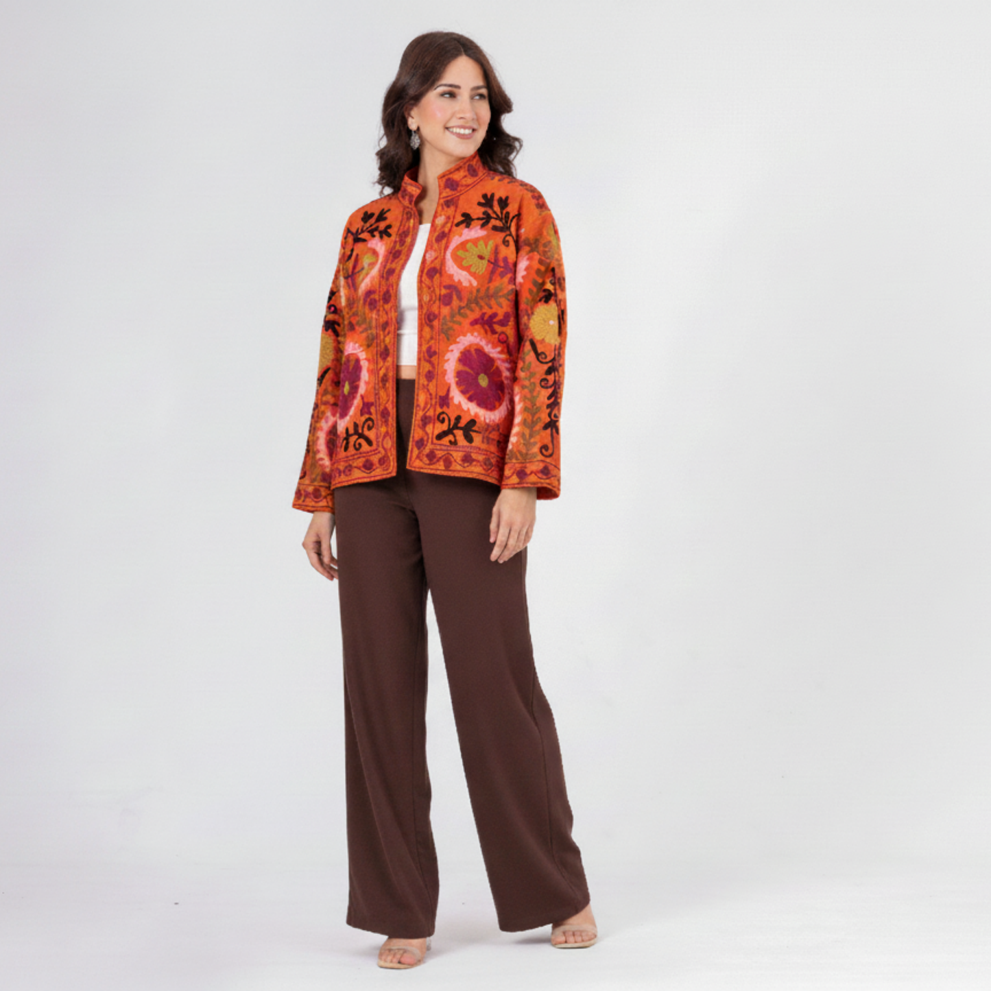 Women’s Amber Bloom Orange Suzani Reversible Cotton Jacket – Artistic Embroidered Statement Jacket