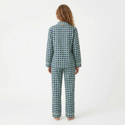 Women’s Blue & Green Square Print Cotton Night Suit Set – Elegant Two Piece Pajama Set